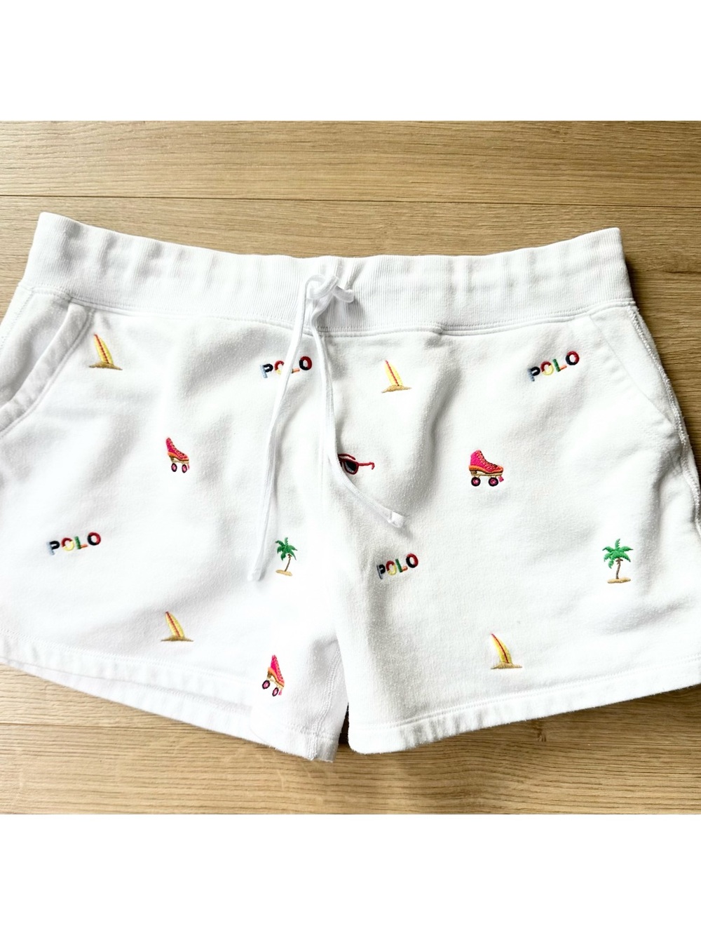 Ralph Lauren White Embroidered Beach Icon Terry Athletic Shorts